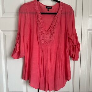 Spense Crochet Tunic Blouse Top Womens Sz L Coral Pink Bohemian Flowy Beachy